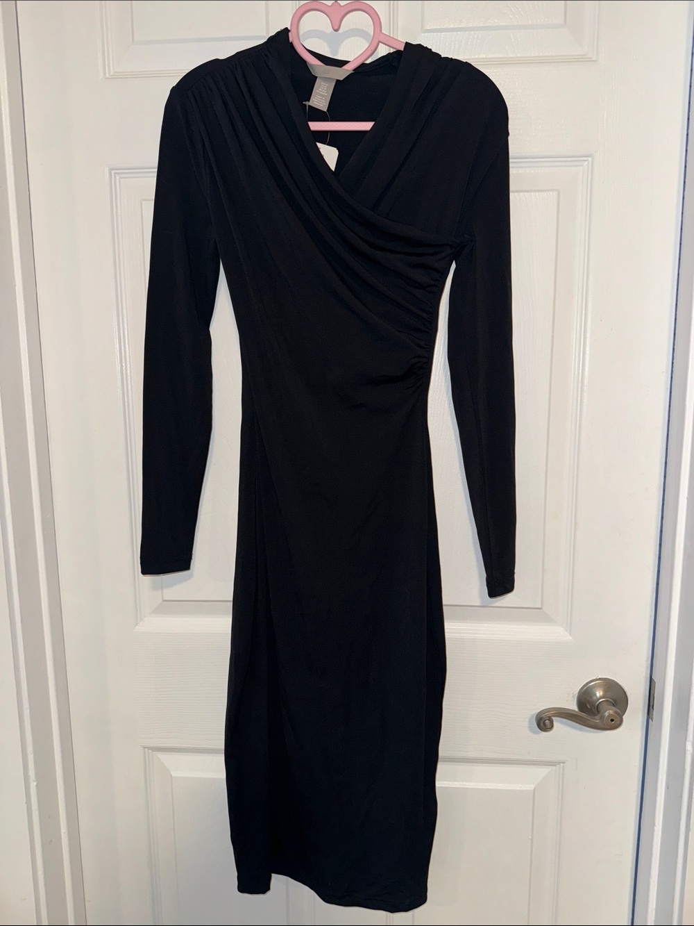 H&M Black Long-Sleeve Faux-Wrap Midi Dress